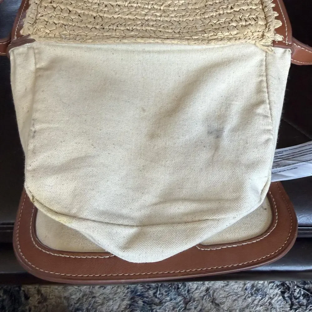 MNG Crossbody Bag Womens Small Beige Straw Brown Trim Scalloped Boho Beach
